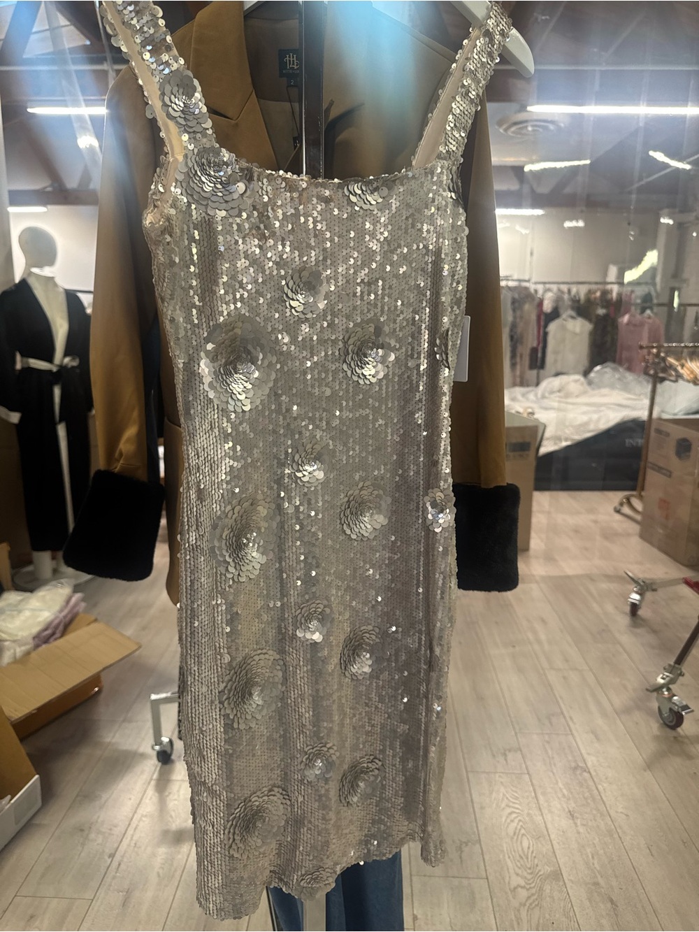 Silver Sequin Mini Dress with Floral Sequin Detail